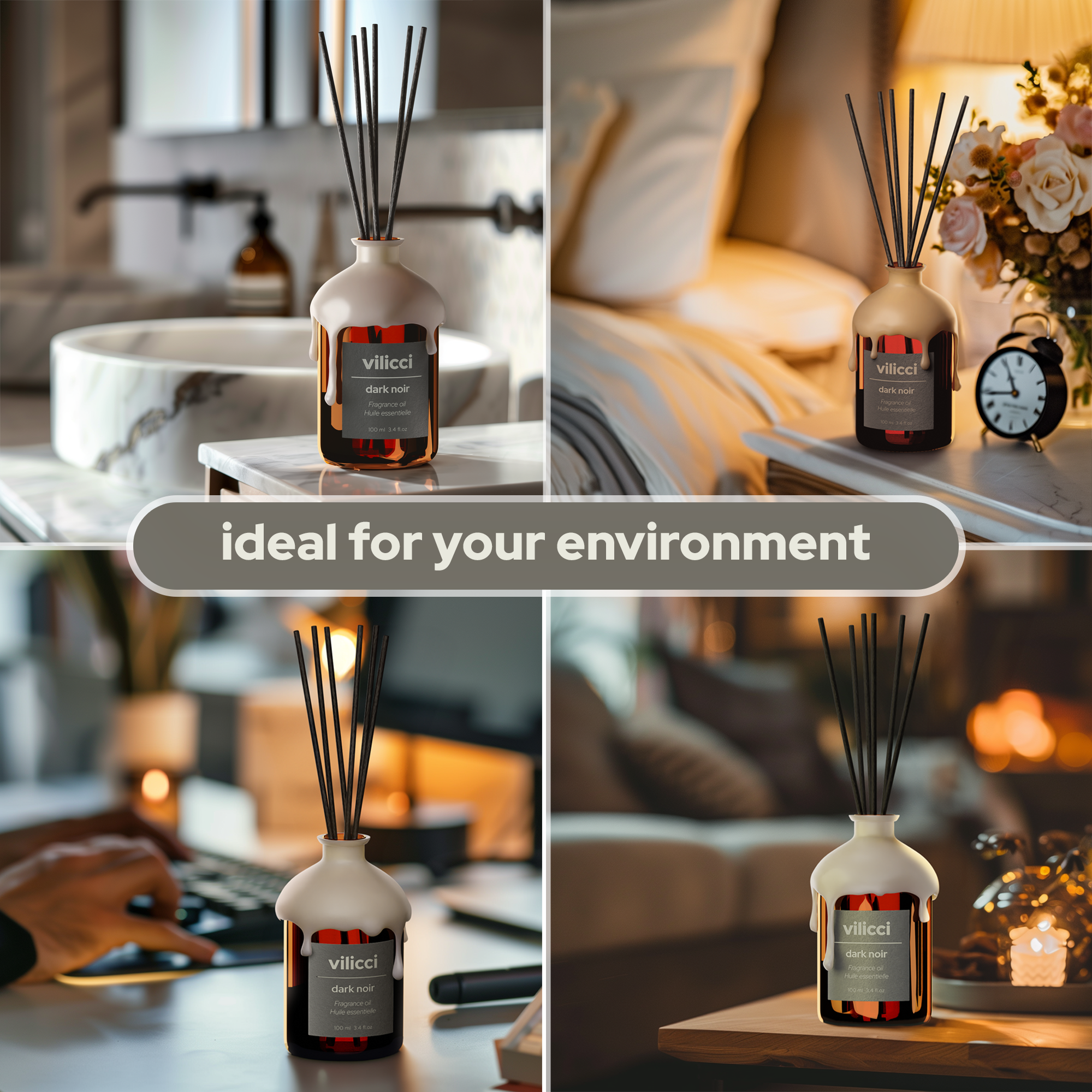Vilicci Dark Noir home diffuser styled in various living spaces including bathroom, bedroom, office, and living room